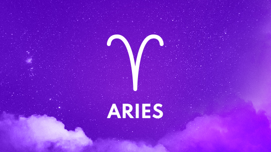 Aries astrological sign against a purple background.