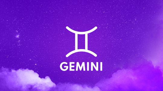 Gemini astrological sign against a purple background.