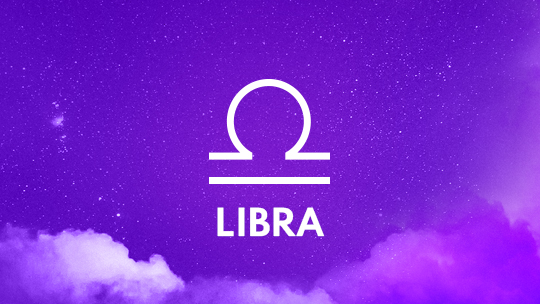 Libra astrological sign against a purple background.