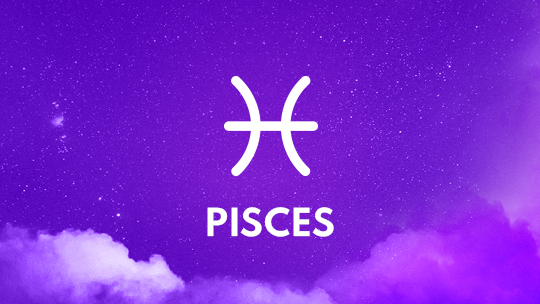 Pisces astrological sign against a purple background.