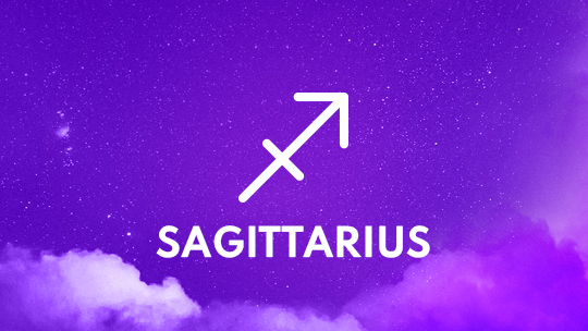 Sagittarius astrological sign against a purple background.