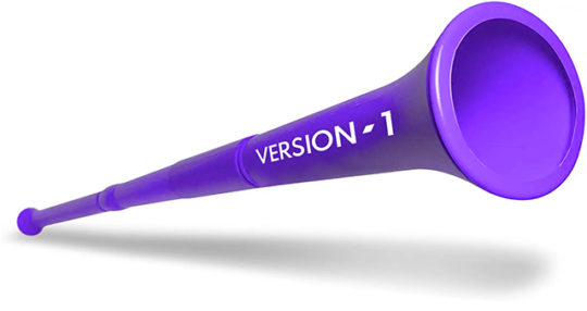 Purple vuvuzela with &quot;Version1&quot; written on it.