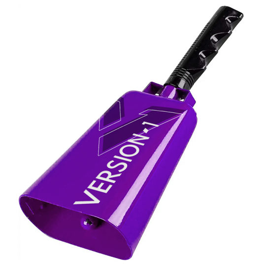 Purple cowbell that says "Version1" on it.