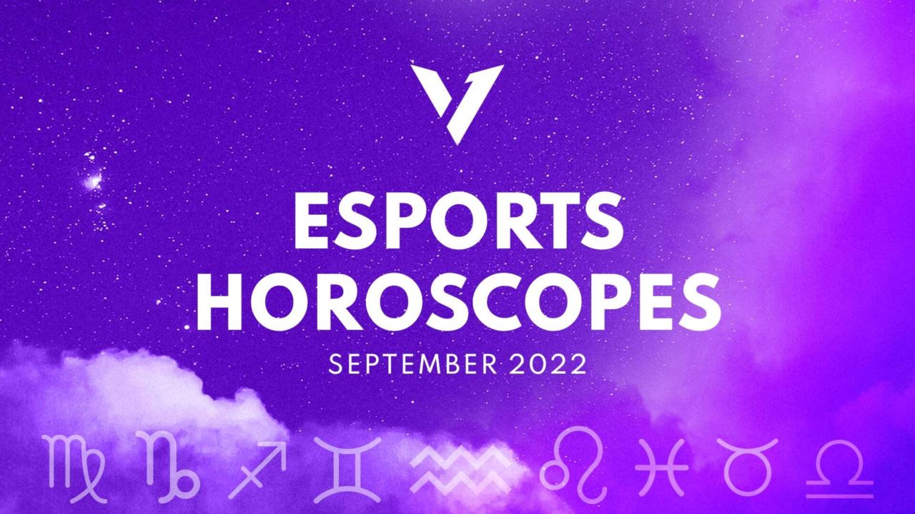 Version1 logo at the top of the image. Text: &quot;Esports Horoscopes September 2022.&quot; Starry purple background. All twelve astrological signs are in a row at the bottom.