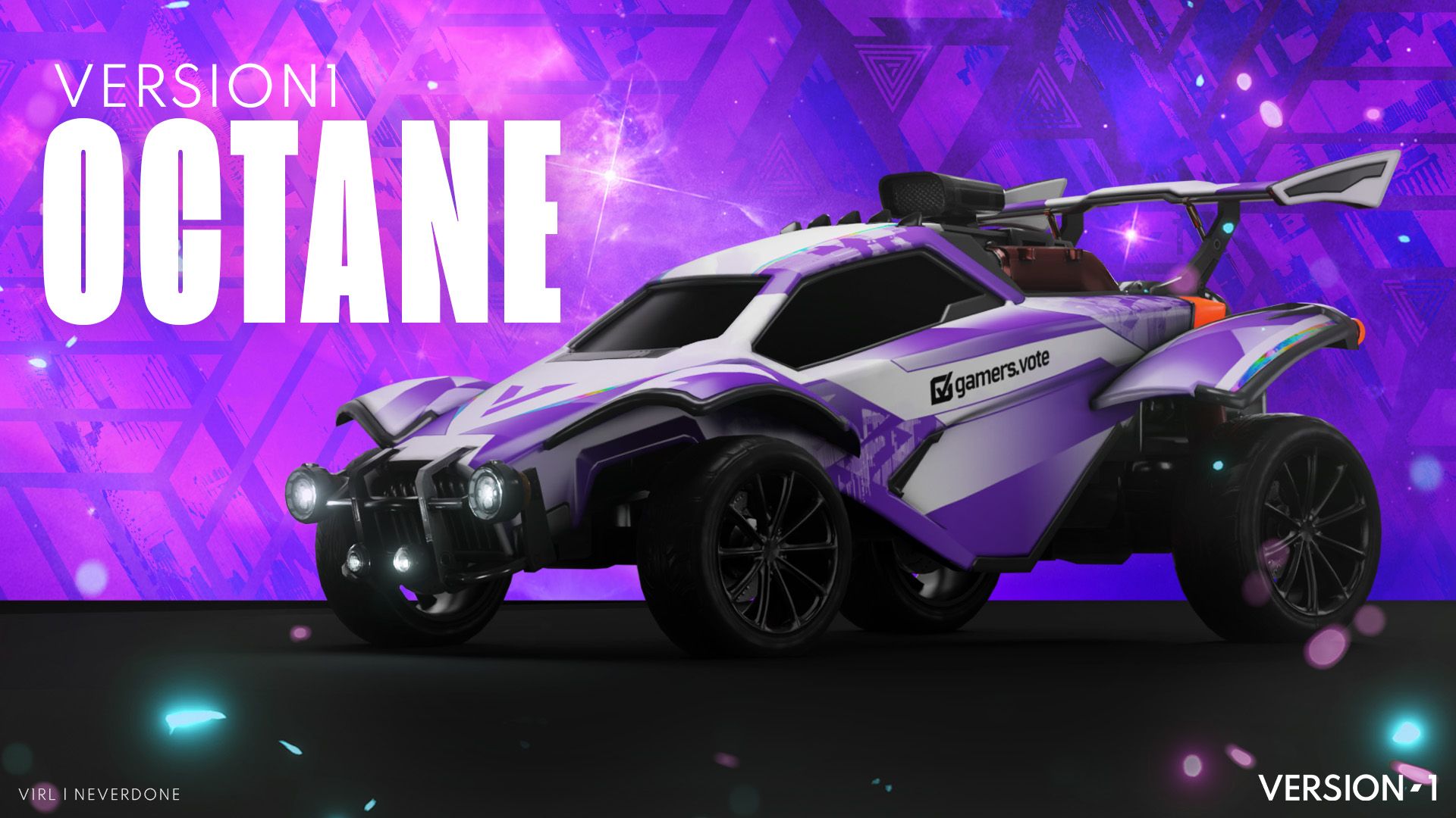 Octane car equipped with the Away version of theVersion1 Rocket League decals