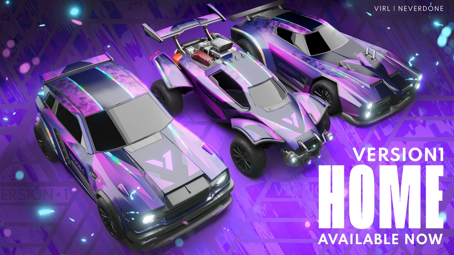 Version1 Rocket League decal equipped on the Fennec, Octane, and Dominus. All three cars have the Home version of the V1 Rocket League decal equipped.